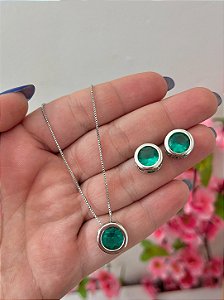 CONJUNTO REDONDO PEDRA ESMERALDA BANHO DE RODIO