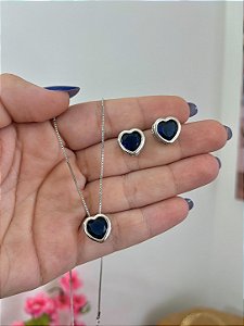 CONJUNTO CORAÇÃO PEDRA AZUL BANHO DE RODIO