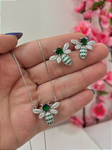 CONJUNTO ABELHA CRAVEJADA ZIRCONIA VERDE ESMERALDA