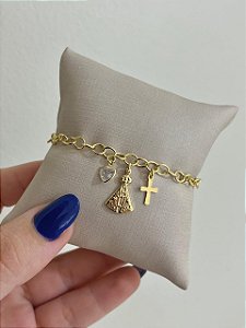 PULSEIRA ELOS COM PIN NOSSA SENHORA E PIN CORAÇÃO DOURADA