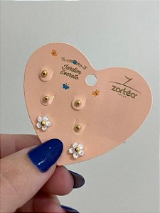 BRINCO TRIO INFANTIL FLORZINHA E BOLINHAS DOURADO