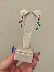 BRINCO ARGOLA CLICK PIN CRUZ ZIRCONIA VERDE ESMERALDA