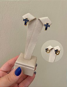 BRINCO ARGOLA CLICK CRUZ ZIRCONIA AZUL
