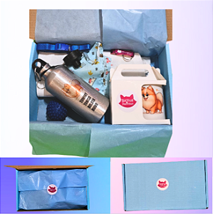 Kit cachorros azul: Squeeze aluminio, caneca, chaveiro, coleira para identificação, bolinha, bandana e sacola ecobag
