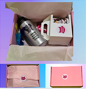 Kit gatos rosa: Squeeze aluminio, caneca, chaveiro, coleira para identificação, brinquedo e sacola ecobag . Escolha o tema.