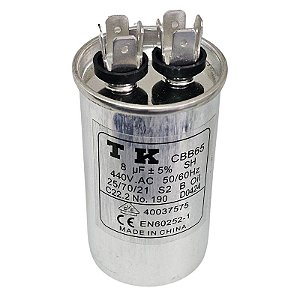 Capacitor Polipropileno 8uF x 440V 50/60Hz Alumínio Faston CBB65 TK