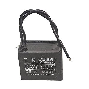 Capacitor de Ventilador 10uF x 250Vac 50/60Hz +-5% Fio CBB61 TK