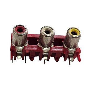 Conector Tomada RCA Tripla Horizontal Vermelha