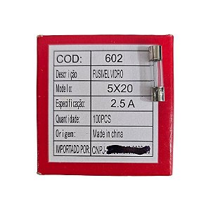 Fusível 2,5A 250V Pequeno 5X20 Vidro Cx 100pçs