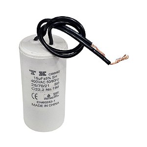 Capacitor Polipropileno 15uF x 400Vac 50/60Hz Plástico Fio CBB60 TK