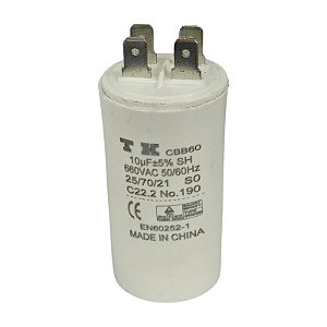 Capacitor Polipropileno 10uF x 660V 50/60Hz Plástico Faston CBB60 TK
