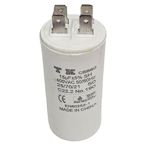 Capacitor Polipropileno 15uF x 400Vac 50/60Hz Plástico Faston CBB60 TK