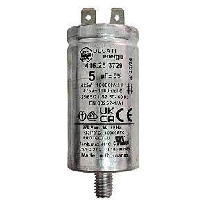 Capacitor Polipropileno 5uF x 425V 50/60Hz Alumínio Com Parafuso Ducati 416.25.3729