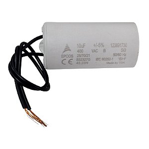 Capacitor Poliéster 10uF x 400Vac 50/60Hz Plástico Fio Epcos