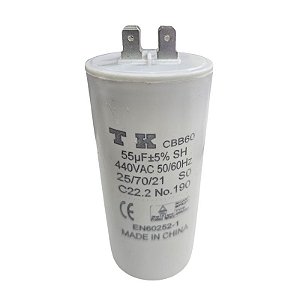Capacitor Polipropileno 55uF x 440V 50/60Hz Plástico Faston Tk