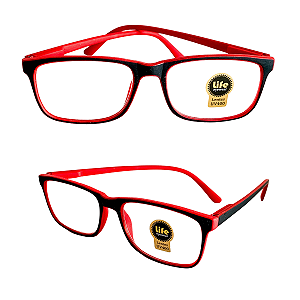 Óculos Grau +0.50 a +4.00 Emborrachado Justin Vermelho com Preto Lente Leitura