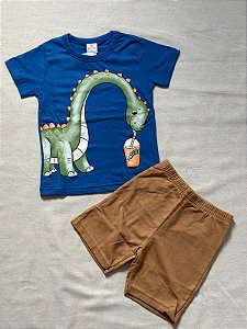 Conjunto Camiseta Meia Malha / Bermuda Moletinho- Azul