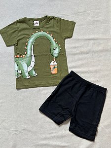 Conjunto Camiseta Meia Malha / Bermuda Moletinho (Dinossauro-verde)