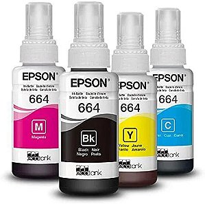 KIT 4 REFIS DE TINTA ORIGINAL EPSON T664 BK C L Y M CORANTE 70ML