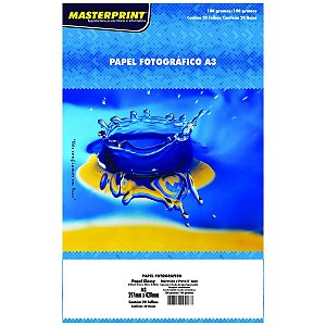 PAPEL FOTOGRÁFICO GLOSSY A3 180G BRANCO BRILHANTE MASTERPRINT COM 20 FOLHAS