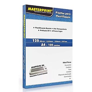 PLÁSTICO PARA PLASTIFICAÇÃO A4 125 MICRAS MASTERPRINT COM 100 LÂMINAS