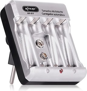 CARREGADOR AUTOMATICO DE PILHAS AA / AAA / 9V KNUP KP-511 CINZA