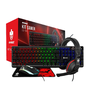 KIT GAMER STARTER TECLADO, MOUSE, MOUSEPAD E HEADSET EG54 EVOLUT PRETO E VERMELHO