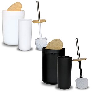 Kit Lixeira e Escova Tampa Bambu Para Banheiro
