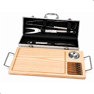 Kit Churrasco Completo Tábua de Corte Pinus e Estojo de Churrasco