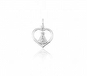 Pingente Nossa Srª Aparecida moldura coração 14mm - Prata 925