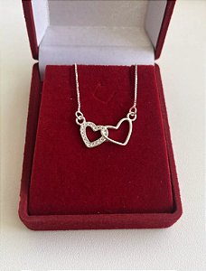 Colar dois corações vazado e cravejado 40cm + 5cm de extensor - Prata 925