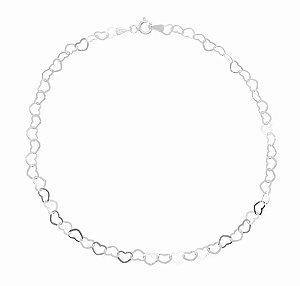 Tornozeleira elos de  corações 3mm 24cm - Prata 925