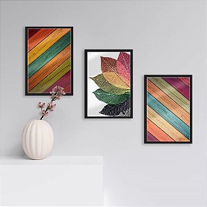 Quadros Decorativos Leaf Color C/ Vidro 3pç Sala Escritório