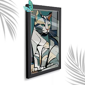 Quadro Decorativo Gato Abstrato + Vidro 33x25 Sala Quarto