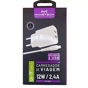 Carregador 2 Usb Com Cabo V8 Android Cm-109a 2.4a Branco Maketech