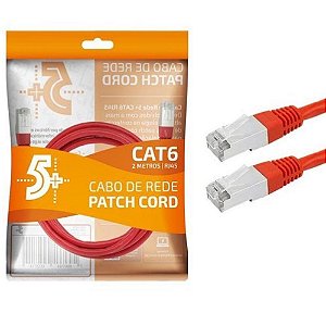 Cabo De Rede Patch Cord Cat6 Ftp Blindado Gigabit 2M Vermelho 5+