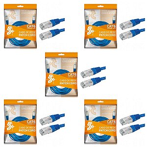 Kit 5 Cabo De Rede Patch Cord Cat6 Ftp 2 Metros Azul Blindad