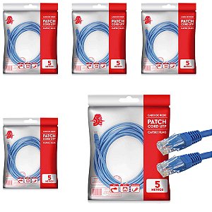 5x Cabo De Rede Internet Gigabit Cat5e Até 1gb Azul 5 Metros