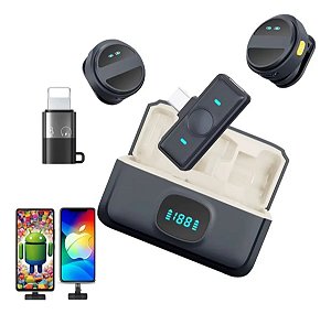 Microfone Lapela Redondo Ima Sem Fio Duplo USB-c e adaptador