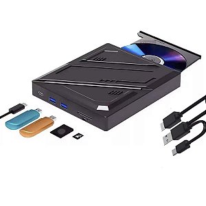 Leitor Gravador Dvd Cd Usb Externo Knup C/Hub Usb Cartões