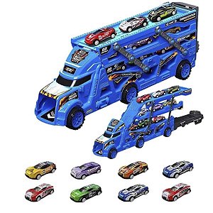 Caminhão Cegonha Azul Carrinhos Fricção Coleção 8 Carrinhos