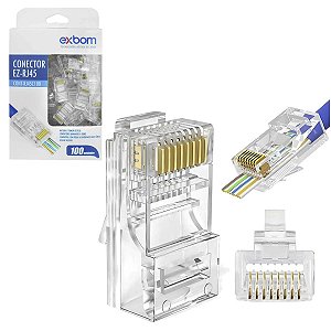 Kit 100 Conector Rj45 Vazado de Passagem Cat5E Ez Crimp