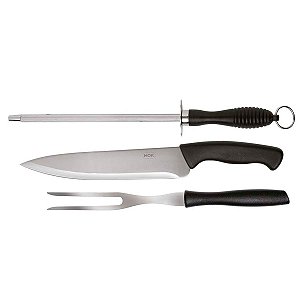 Kit Churrasco  Faca Chaira Garfo Aço Inox Assador Mor 3338