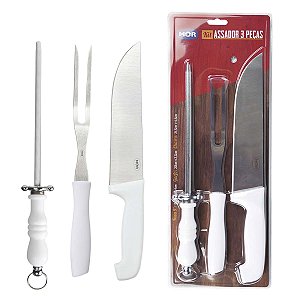 Kit Do Assador Churrasco Faca 9" Garfo E Chaira Mor 3310