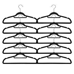 Kit 10 Cabides Revestido Em Veludo Leve Antideslizante Preto