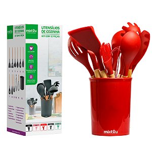 Kit 12 Espátulas Concha Pegador Silicone Cozinha Vermelho