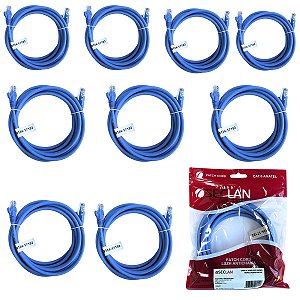 Kit 10 Cabo De Rede 2,5M Cat6 24Awg 568B Azul Anatel Seclan