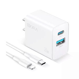 CARREGADOR PD 20W DUAS USB 18W + C 20W + CABO C LIGHTING 3A