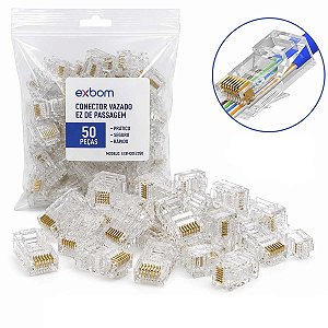 Kit 50 Conector Cabo De Rede EzRj45 Vazado Passagem Cat5e/6