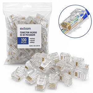 Kit 100 Conector Cabo De Rede EzRj45 Vazado Passagem Cat5e/6